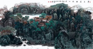 近现代 潘真 草木簇拥抱山村 修皱+调色 178X95 [山