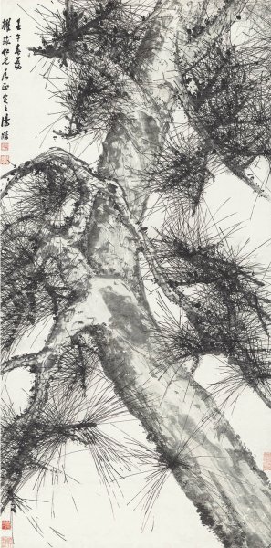近现代 汤涤 墨笔松树轴 全 纸本98×197[花鸟]