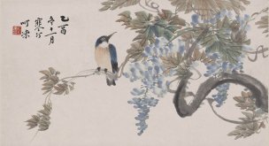 近现代 江寒汀 紫滕小鸟图轴27X50[花鸟] 