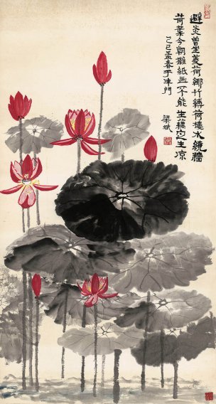 近现代 梁斌 大荷花立轴-172x92 [花鸟] 