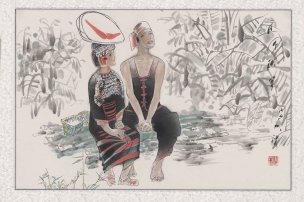 近现代 梁秋生 月下秧箩-47x72 [人物] 