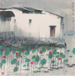 近现代 杨明义 湖塘清趣 68x69[花鸟]
