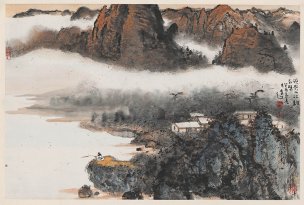 近现代 杨彦 江边垂钓图轴 67x46[山水]