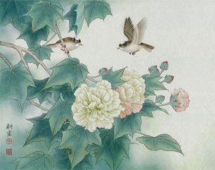 近现代 李科宏 花间双雀自有情 75x60[花鸟] 