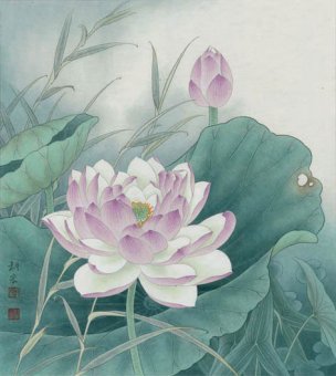 近现代 李科宏 紫莲飘香晨风里 60x67[花鸟] 