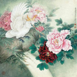 近现代 李晓明 竹下花枝艳洛阳 66x66[花鸟]