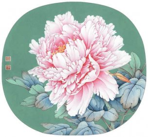 近现代 李晓明 牡丹团扇四小品之3 43x40[花鸟]