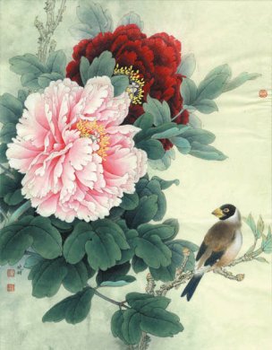近现代 李晓明 牡丹蜡嘴 35x45[花鸟]