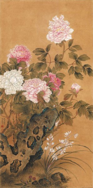 近现代 李晓明 临清代马逸牡丹湖石图 66x133[花鸟