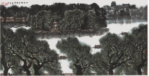 近现代 李小可 什刹海夏韵图 调色 139X72[山水]