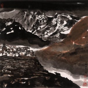 近现代 李小可 山村远眺 70X70[山水]
