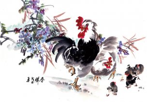 近现代 佚名 紫藤双鸡 72X50[走兽]