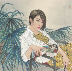 近现代 春林 金色年华 生宣重彩 83x82[人物]