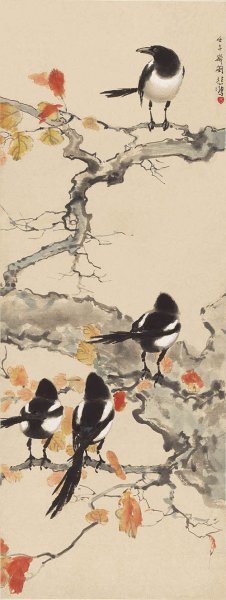 近现代 徐悲鸿 春日四喜鹊图 纸本38.8x103 [花鸟