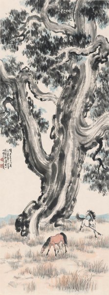 近现代 徐悲鸿 柏树双马图轴134X50[走兽]