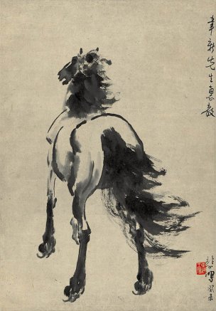 近现代 徐悲鸿 墨笔马轴立马远眺 37x53[走兽]