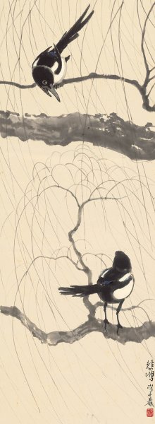 近现代 徐悲鸿 墨笔双喜39.44-107.29cm[花鸟]