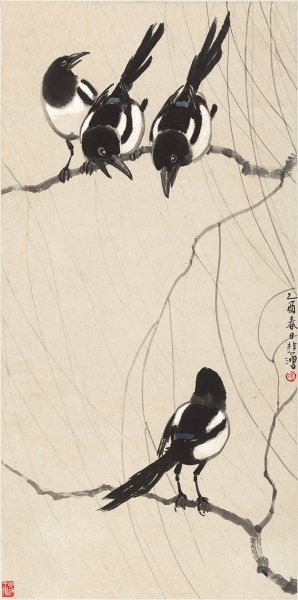 近现代 徐悲鸿 墨笔四喜图 纸本39.6x79.8[花鸟]