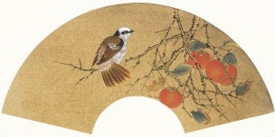 近现代 张建军 扇面金丝小鸟-28x59-修章 (1)[花鸟