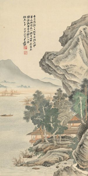 近现代 张大千 沧浪渔笛图 绢本 64x128[山水]