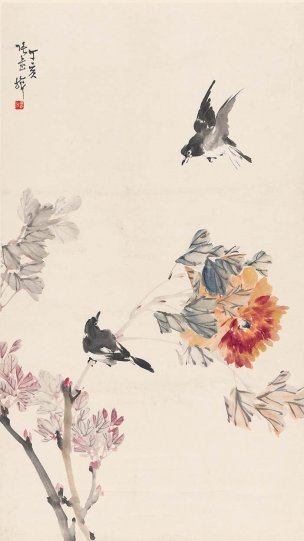 近现代 张书旗 牡丹双鸟图轴82X46[花鸟]