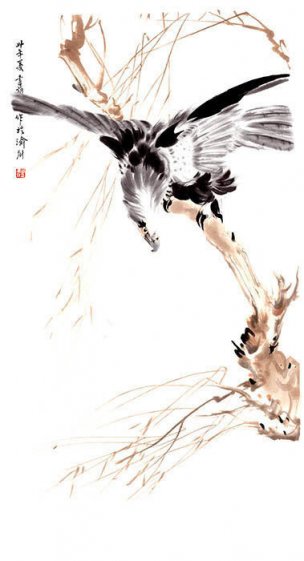近现代 张书旂 柳鹰1[花鸟]