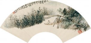 近现代 张大千 扇面 独坐轻舟115.5x43-k[人物]
