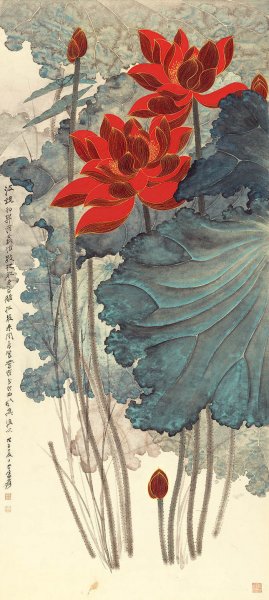 近现代 张大千 金线荷花 30x67[花鸟]