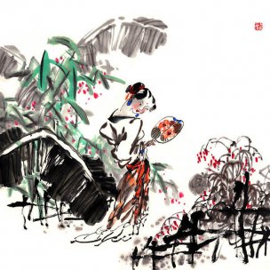 近现代 张三牛 芭蕉仕女[人物]