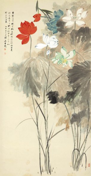 近现代 张大千 五色荷花 35x67[花鸟]