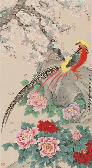 近现代 喻继高 梨花锦鸡图轴142X78[花鸟]
