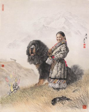 近现代 唐坚 小孩与藏獒 修  95X120[人物]