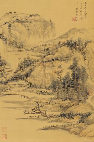 近现代 唐云 设色山水图绢60X40[山水]