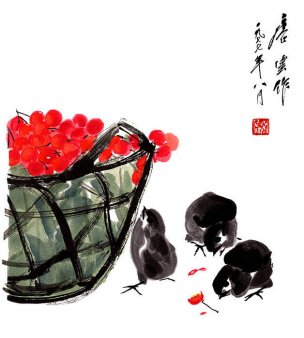 近现代 唐云 樱桃小鸡[花鸟]