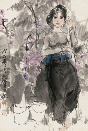 近现代 周思聪 紫藤少女-67x45[人物]