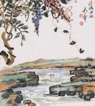 近现代 吴长邺 山水紫滕图27X24 [山水]