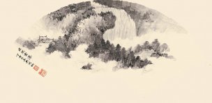 近现代 吴湖帆 巨然云瀑(扇面）56-27cmA[山水]