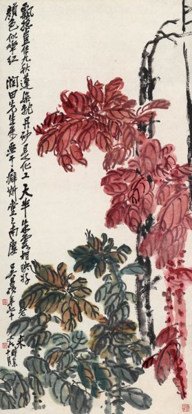 近现代 吴昌硕 老少年轴 纸本50x108[花鸟]