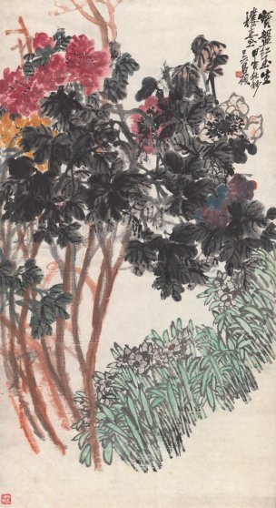近现代 吴昌硕 牡丹水仙轴 纸本84x155[花鸟]