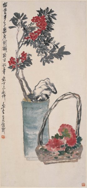 近现代 吴昌硕 富贵多子寿 53x114[花鸟]