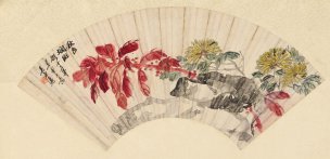 近现代 吴东迈 扇面秋菊图48x23[花鸟]