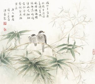 近现代 卢津艺 竹子小鸟45x50 [花鸟]