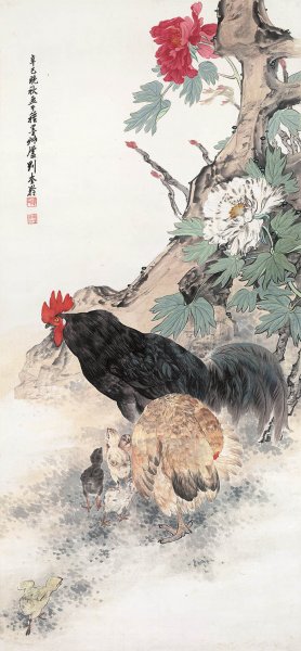 近现代 刘奎龄 鸡鸣富贵图 纸121.4X52（天津博物馆