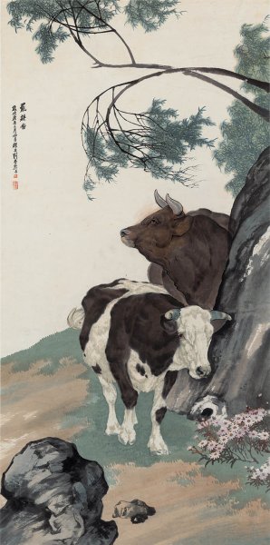 近现代 刘奎龄 双牛图 57x114[走兽]