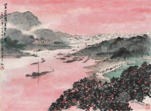 近现代 傅抱石 芙蓉国里尽朝晖 纸本69.7x51.5 副