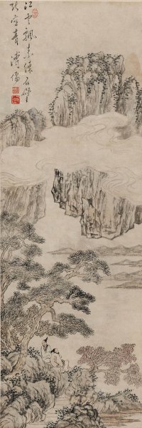近现代 傅儒 松树人物图轴96X32  [山水]