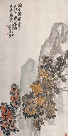 近现代 吴昌硕 菊花 50x100[花鸟]