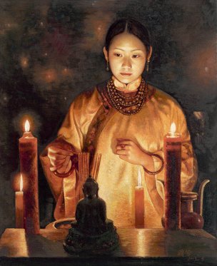 近现代 姜国芳 油画烛光[人物]