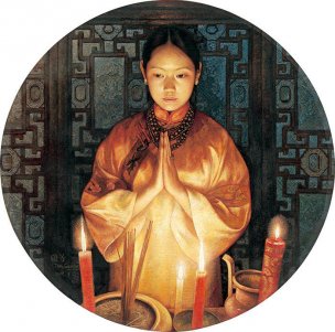 近现代 姜国芳 烛光 油画 70×70[人物]